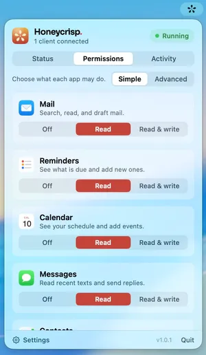 The permissions panel in Simple mode: Mail, Reminders, Calendar, and Messages each set to Off, Read, or Read and write with one control