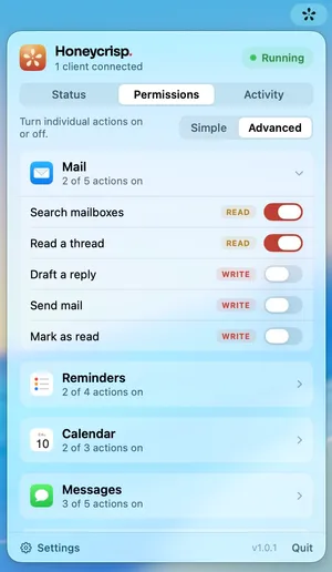 The permissions panel in Advanced mode: individual read and write switches for each Mail action