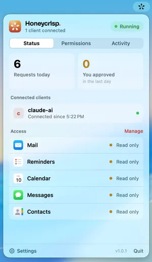 The status tab: requests today, the connected client, and every app listed as read only